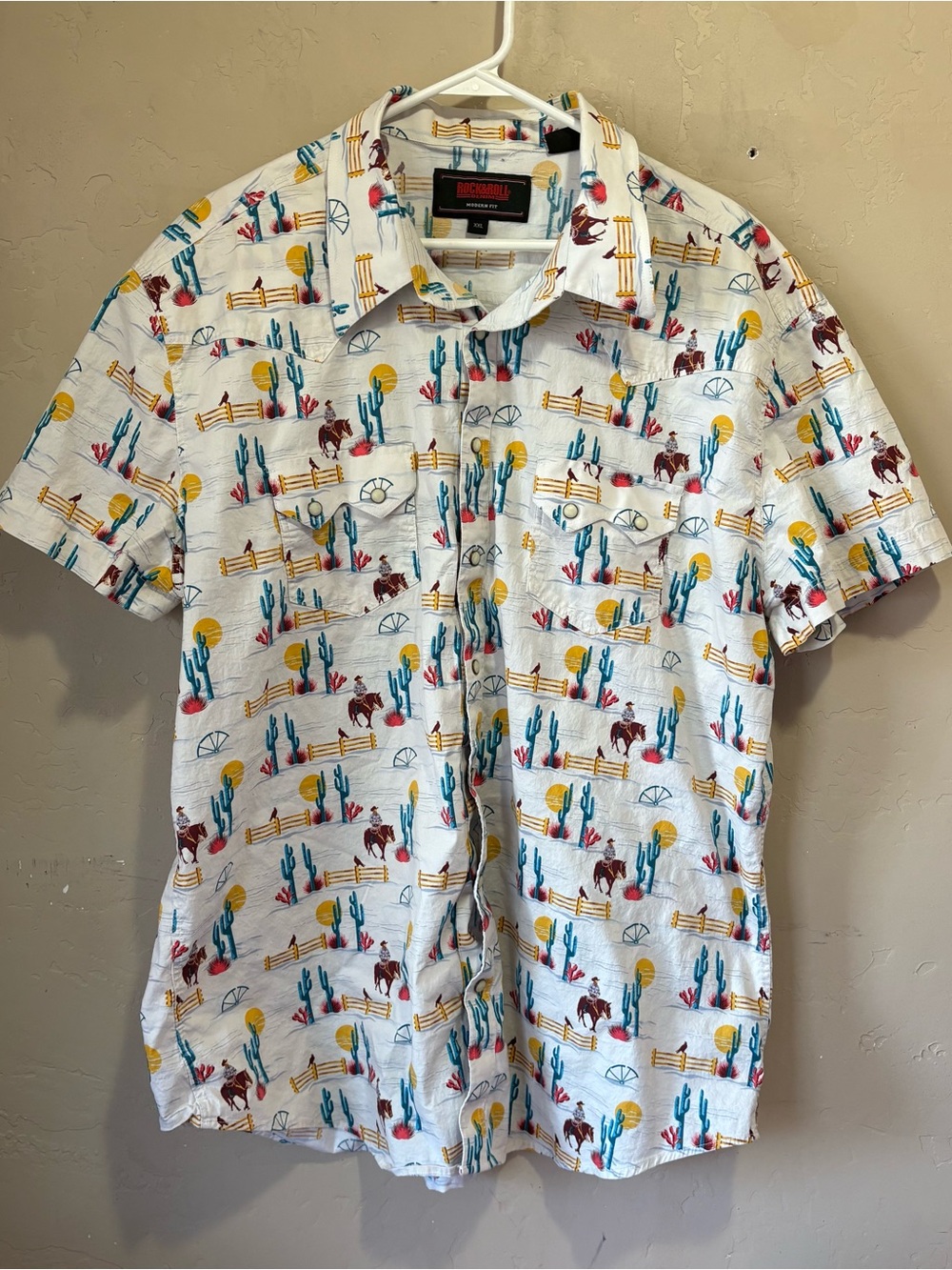 Men's Rock & Roll Denim White Desert Print Pearl Snap Shirt Sleeve Shirt Sz XXL
